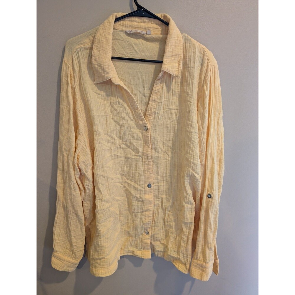 Soft Surroundings 3x Gauze Collared Top Womens Yellow Cotton Long Sleeve Beach